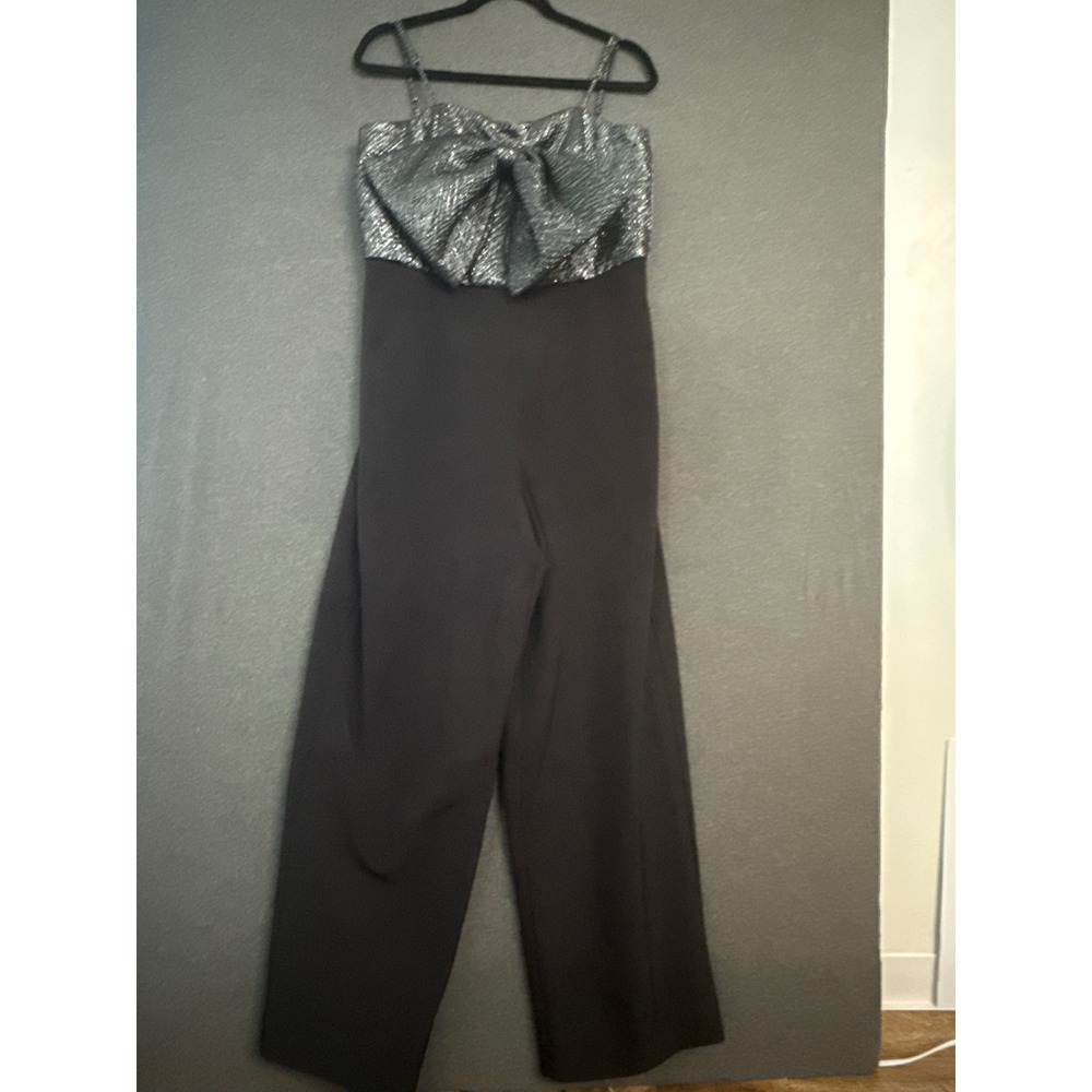 Anne Klein Metallic Bow Front Wide Leg Jumpsuit Gunmetal Black 12 NEW